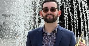 Pictured beside the Laidlaw fountain is trumpeter Zachary Nelson.